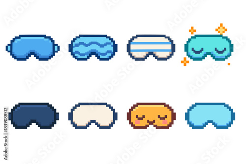Sleep mask pixel icon set. Nighttime, dreams, rest, cozy, pixel, style collection