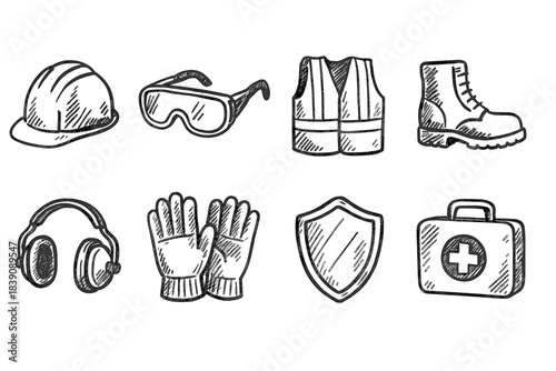 Safety equipment line icon set. Protective gear, safety tools outline collection