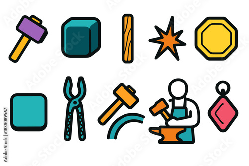 Blacksmithing crafts icon set. Tools, crafting, and hammer outline icons collection