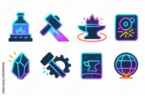 Crafting and blacksmithing outline icon set. Tools, forge, hammer, metalwork graphics