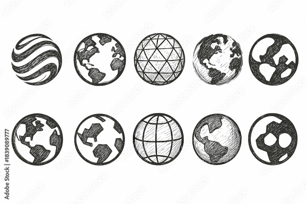 Obraz premium Earth globes sketch icon set. Hand-drawn, globe outline icons collection