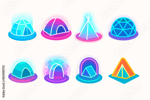 Camping and shelter 3d icon set. Variety of tents and shelters in vibrant colors.