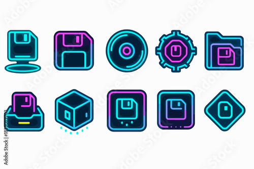 Retro technology neon icon set. 3D storage, floppy disk, cd vibrant collection