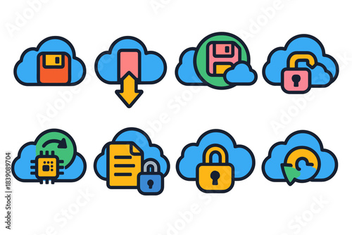 Cloud computing outline icon set. Storage, security, data transfer, sync icons collection.