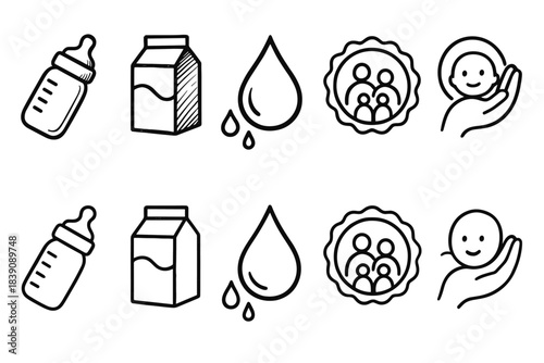 Baby essentials, family care line icon set. Infant care, nursery, milk, parenting icons