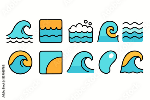 Water, waves, ocean flat icon set. Sea, surfing, beach icons flat collection