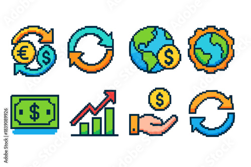 Business and finance pixel art icon set. Currency, economy icons in retro style
