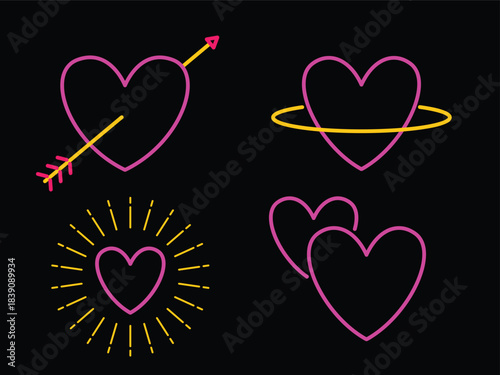 Heart icon collection, bright, pierced with arrow, planet with heart shape