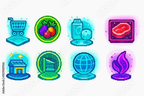 Grocery and food pixel icon set. Retro, pixelated style digital grocery collection