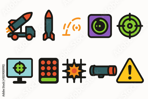 Military, war flat icon set. Tactical defense and weaponry flat icon collection.