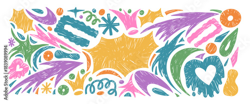 Crayon abstract geometric shapes background. Geometry and freeform abstract naive hand drawn doodle figures. Collage stickers with bang text box stars, arrows shapes. Vector pen illustration isolated.