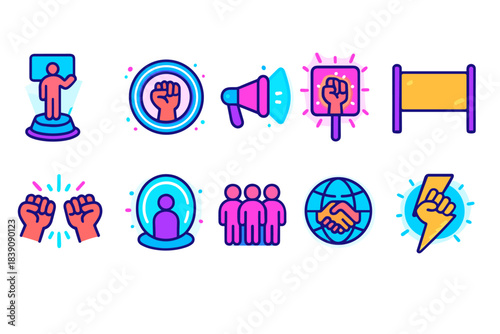 Protest and activism solid icon set. Empowerment, unity, social change icons collection.