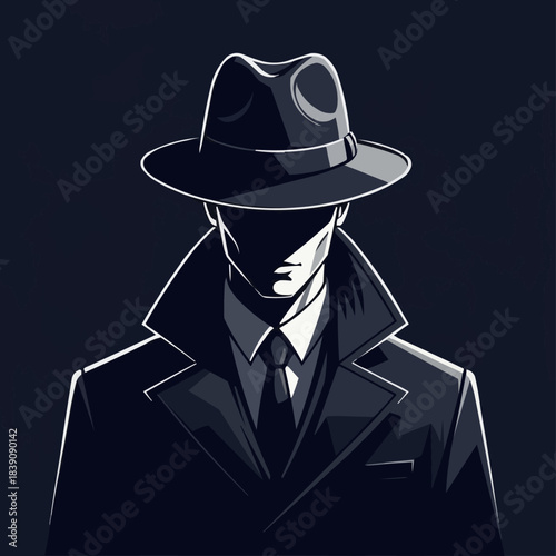 Mysterious Man in Hat and Trench Coat with Shadowed Face.