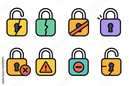 Security, privacy flat icon set. Unlock, lock symbols collection for digital protection