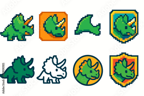 Dinosaurs icon set: cute pixel icons in retro style for games and apps