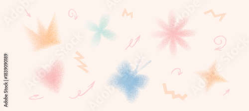 Y2K grain gradient butterfly flower, heart icons. Dot gradation airbrush twinkle spray illustration for decoration graphic backgrounds. Vector vintage aesthetic grainy figures with sand dust texture.