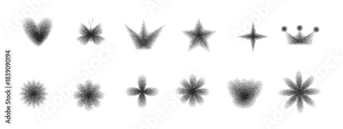 Y2k gradation black forms. Icons with grain noise gradient. Retro black stippling forms set. Butterfly, crown, heart and star halftone gradation figures isolated. Vector dotworks shapes illustration.
