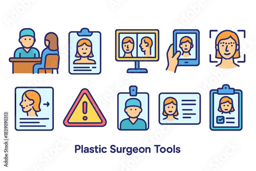 Plastic surgery flat icon set. Medical, healthcare, consultation, tools graphic symbols.