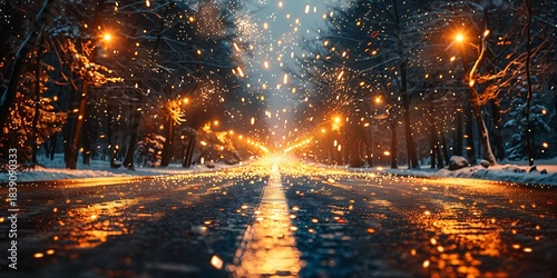 Panoramic winter night scene with glowing streetlights and falling snow over a wet road