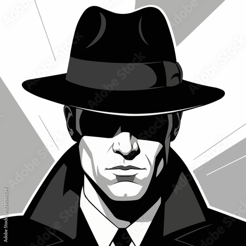 Monochrome Illustration of a Mysterious Man in Hat and Coat.