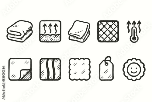 Fabric, textile doodle icon set. Bedding, material, cloth icons collection in outline style