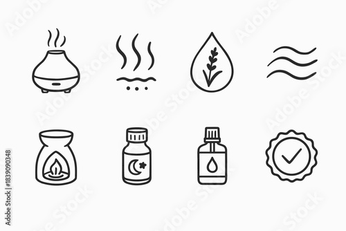 Aromatherapy, relaxation outline icon set. Essential, wellness symbols collection