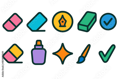 Stationery and tools outline icon set. Artistic and creative essentials collection
