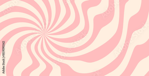 Feminine pink candy pattern. Cream texture coquette starburst background. Retro spiral sun rays backdrop. Abstract girly illustration. Vector wavy dynamic lines decoration. Carnival stripes design.