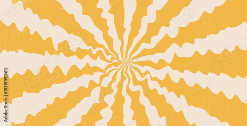 Groovy hypnosis rough starburst background. Retro music voice spiral yellow sun rays distressed illustration. Vector retro decoration. Radial carnival stripes vintage backdrop.
