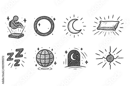 Sleep and night icon set. Hand-drawn, sketchy moon and stars icons collection