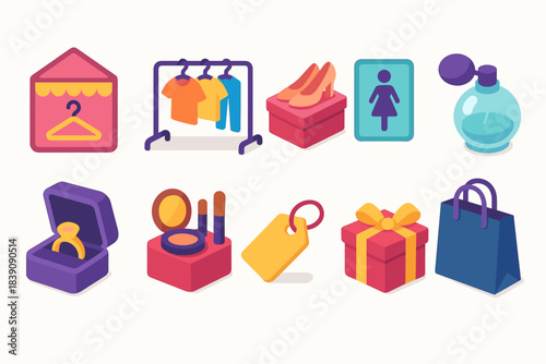 Shopping, fashion flat icon set. Retail, accessories, clothing, beauty icons collection