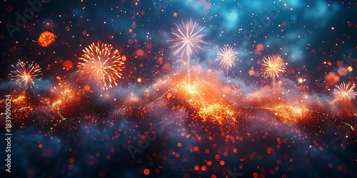 Panoramic View of Vibrant Fireworks Illuminating the Night Sky with Fiery Trails and Sparkling Dust