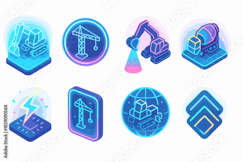 Construction 3d icon set. Heavy equipment, tools, industrial machinery icons collection
