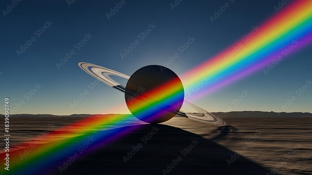 Obraz premium Stunning Saturn planet refracts vibrant rainbow light across alien desert landscape under starry twilight sky