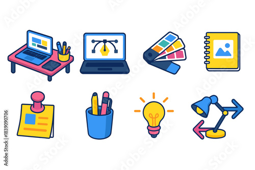 Office and creativity flat icon set. Work, ideas, and tools icons collection