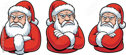 Set of three grumpy Santa Claus portraits with crossed arms and an angry expression, funny unexpected Christmas holiday character vector