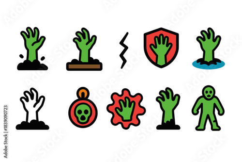 Zombie, halloween flat icon set. Spooky, undead hand icons flat collection