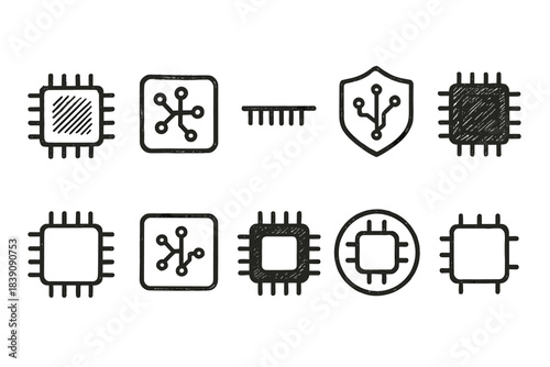 Microchip, circuit board outline icon set. Electronic, technology symbols outline collection