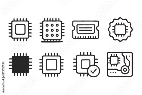 Computer chip, processor outline icon set. Electronic, technology line icons collection
