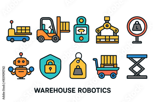 Warehouse robotics icon set. Cart, robot, crane, forklift, warehouse flat collection