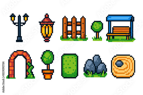 Gardening pixel icon set. Pixelated outdoor gardening icons with various elements