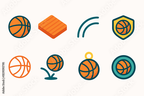Sports basketball flat icon set. Equipment, game symbols, athletic design collection.