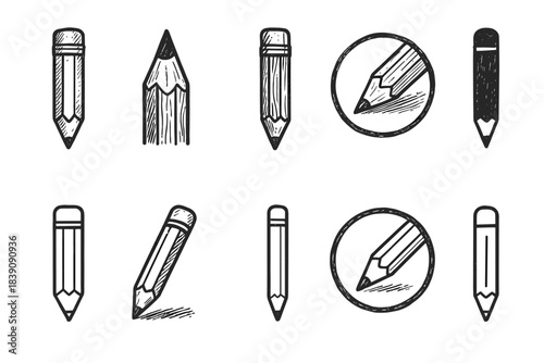 Pencil sketch outline icon set. Hand-drawn, art, drawing tools outline collection