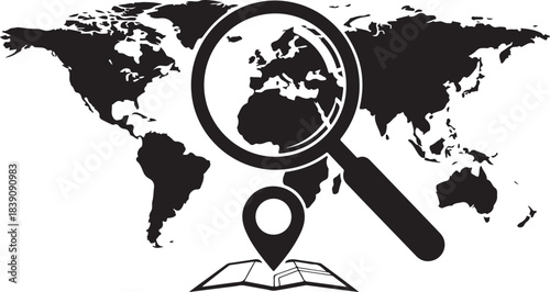 World Map Magnifying Glass and Location Pin Keywords: world map, globe, magnifying glass