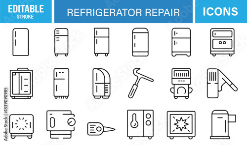 Comprehensive Appliance Repair Icon Collection Depicting Refrigerators, Fixing Equipment, Cooling Mechanics, and Service Symbols