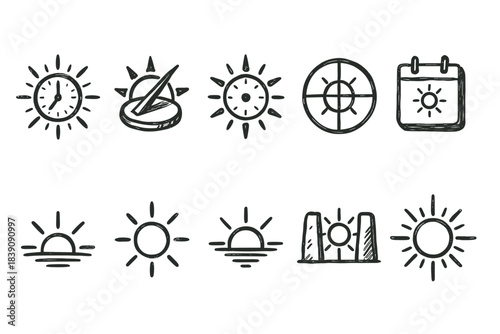 Sun and sundial linear icon set. Collection of solar and time icons with outline style