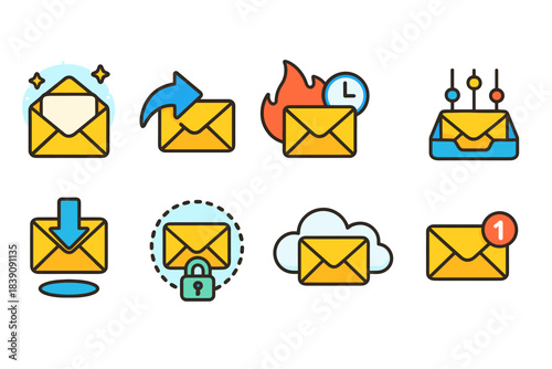 Email and communication icon set. Envelope, message icons flat style collection