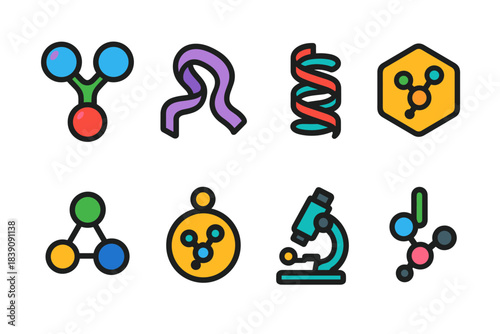 Science, biology flat icon set. Molecules, dna, microscope icons flat collection