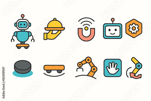 Robotics and ai icon set. Flat technology and automation icons collection