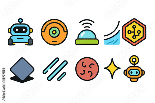 Technology flat icon set. Robotics, ai, innovation, and circuit icons collection
